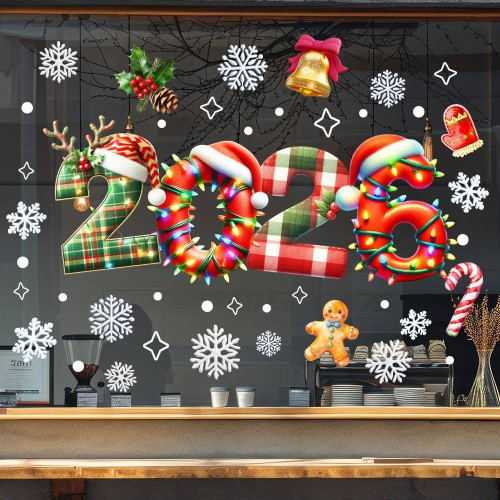 愛客JD46362026年聖誕節柺棍雪花窗貼商場玻璃櫃台靜電貼