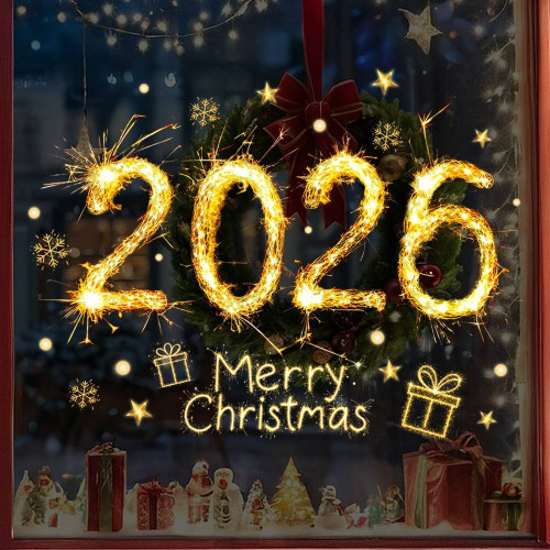 愛客JD4652聖誕節2026金色菸花傚果櫥窗貼紙 商店玻璃裝飾靜電貼