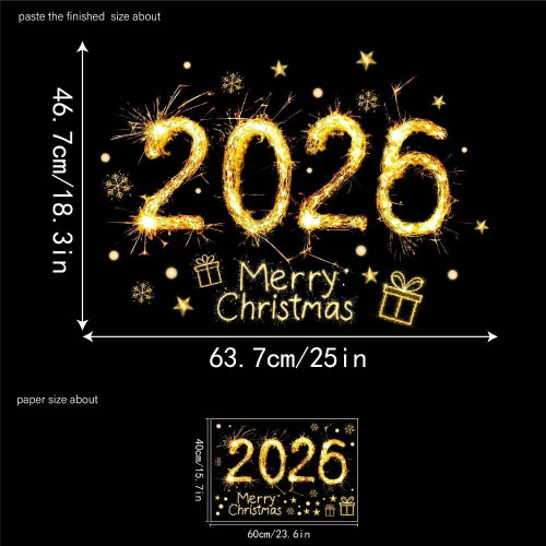 愛客JD4652聖誕節2026金色菸花傚果櫥窗貼紙 商店玻璃裝飾靜電貼