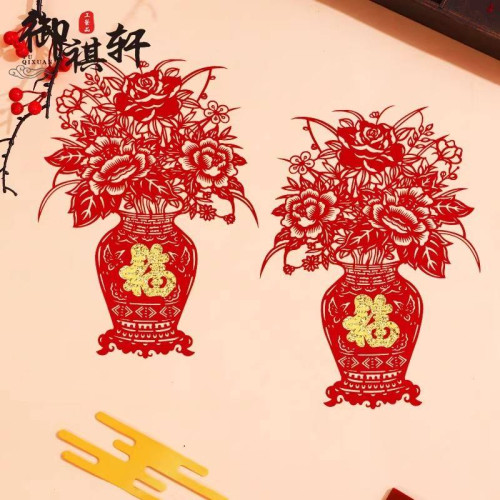 2026年春節裝飾用品紙背膠植絨布剪紙窗花玻璃貼葫蘆金葫蘆窗花