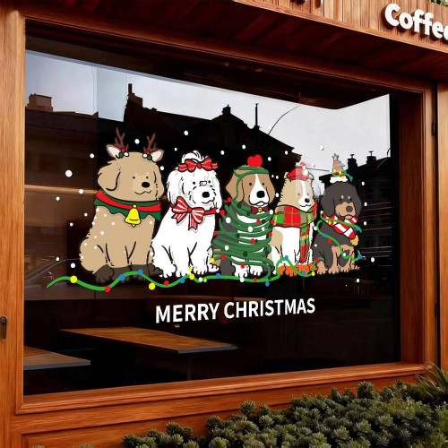 2026新年聖誕節卡通小狗玻璃裝飾布置貼紙櫥窗UV靜電窗花窗貼門貼