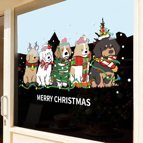 2026新年聖誕節卡通小狗玻璃裝飾布置貼紙櫥窗UV靜電窗花窗貼門貼