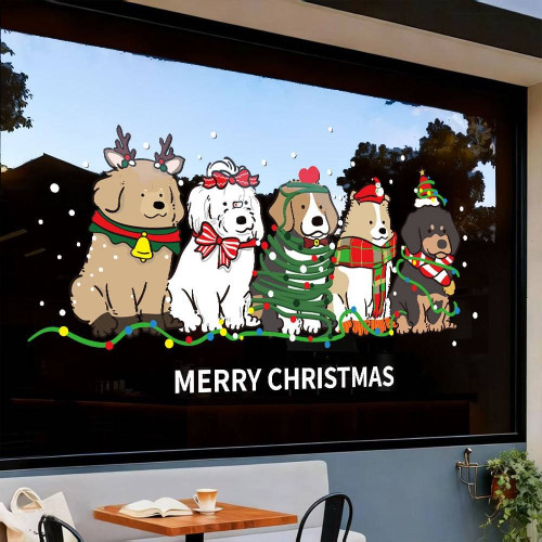 2026新年聖誕節卡通小狗玻璃裝飾布置貼紙櫥窗UV靜電窗花窗貼門貼