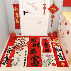 2026馬年入戶門地墊浴室玄關防滑耐磨耐髒紅色腳墊水晶絨易打理