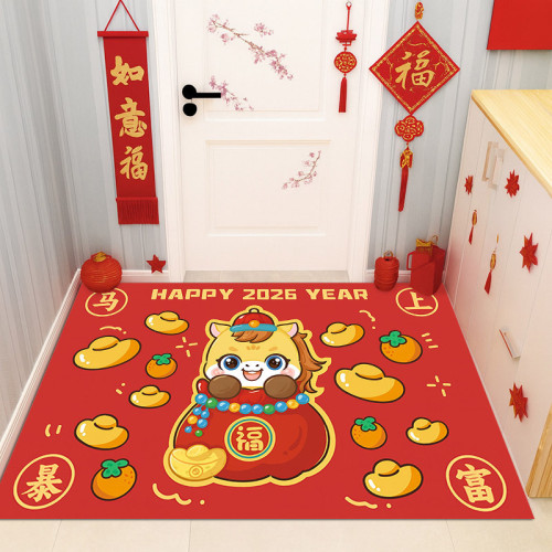 2026馬年入戶門地墊浴室玄關防滑耐磨耐髒紅色腳墊水晶絨易打理