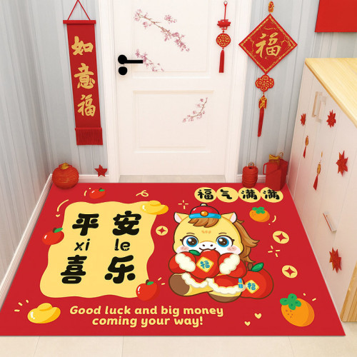 2026馬年入戶門地墊浴室玄關防滑耐磨耐髒紅色腳墊水晶絨易打理