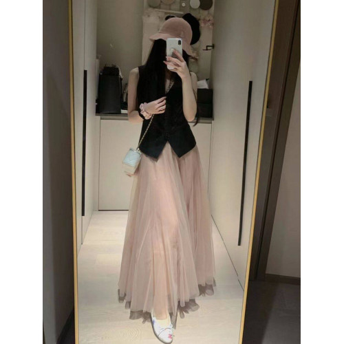 2025新款春秋粉色a字紗裙高腰中長款網紗半身裙女超仙傘裙垂感