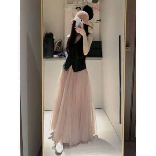 2025新款春秋粉色a字紗裙高腰中長款網紗半身裙女超仙傘裙垂感