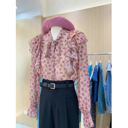 法式溫柔甜美粉色碎花襯衫女春季新款荷葉邊飄帶立領時尚漂亮小衫