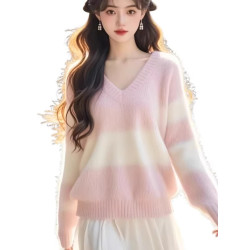 馬海毛軟糯粉色v領毛衣女秋冬大碼胖mm溫柔風內搭針織衫長袖上衣