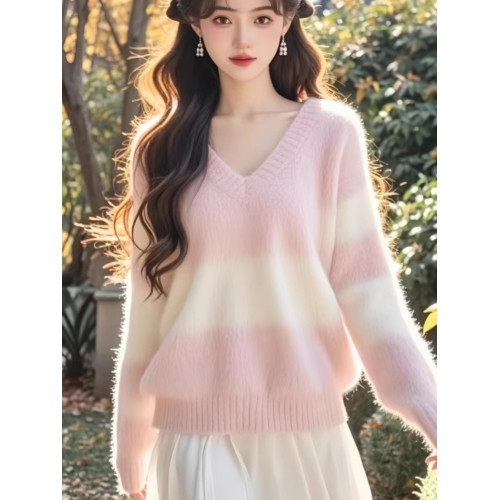 馬海毛軟糯粉色v領毛衣女秋冬大碼胖mm溫柔風內搭針織衫長袖上衣