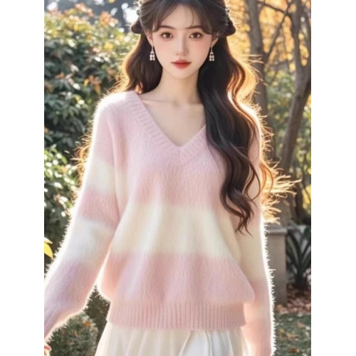 馬海毛軟糯粉色v領毛衣女秋冬大碼胖mm溫柔風內搭針織衫長袖上衣