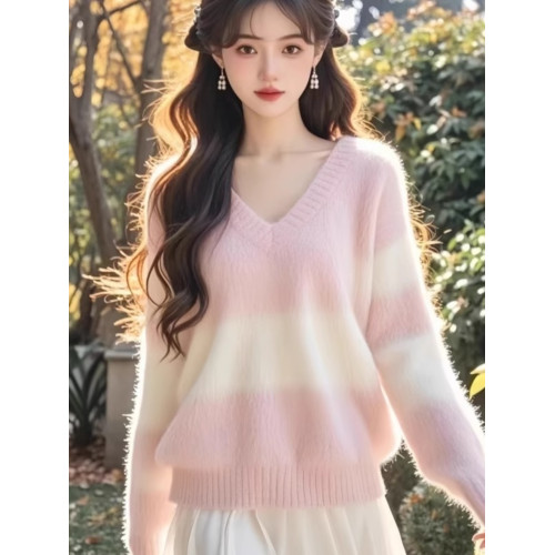 馬海毛軟糯粉色v領毛衣女秋冬大碼胖mm溫柔風內搭針織衫長袖上衣