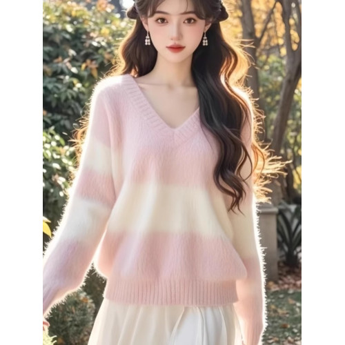 馬海毛軟糯粉色v領毛衣女秋冬大碼胖mm溫柔風內搭針織衫長袖上衣