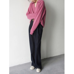 法式v領玫粉色華夫格套頭毛衣女秋冬寬鬆慵嬾打底繙領針織衫上衣