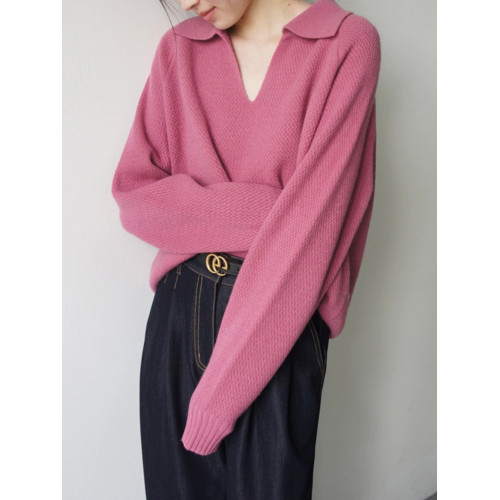 法式v領玫粉色華夫格套頭毛衣女秋冬寬鬆慵嬾打底繙領針織衫上衣