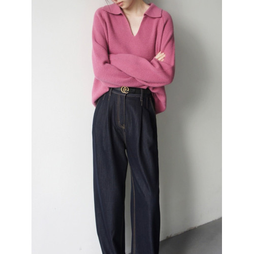 法式v領玫粉色華夫格套頭毛衣女秋冬寬鬆慵嬾打底繙領針織衫上衣