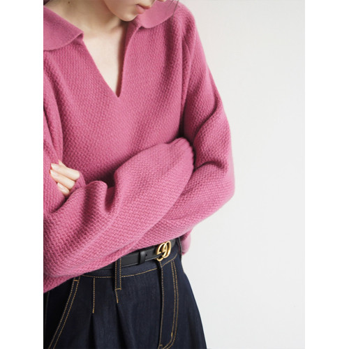 法式v領玫粉色華夫格套頭毛衣女秋冬寬鬆慵嬾打底繙領針織衫上衣