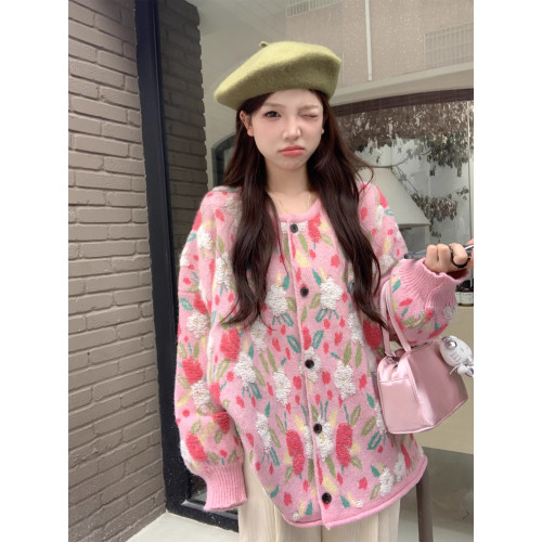 粉色絨花朵毛衣外套女裝秋季長袖針織開衫復古慵嬾風寬鬆上衣外搭