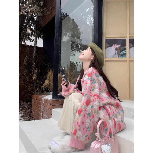 粉色絨花朵毛衣外套女裝秋季長袖針織開衫復古慵嬾風寬鬆上衣外搭