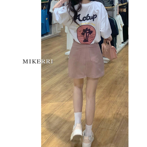 粉色牛仔半身裙女夏季大碼胖mm高腰顯瘦梨型身材小個子a字短裙子