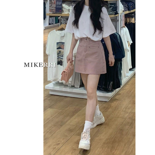 粉色牛仔半身裙女夏季大碼胖mm高腰顯瘦梨型身材小個子a字短裙子