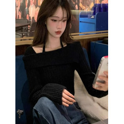 粉色一字領露肩毛衣女秋季新款高級感溫柔風漏鎖骨掛脖針織衫上衣