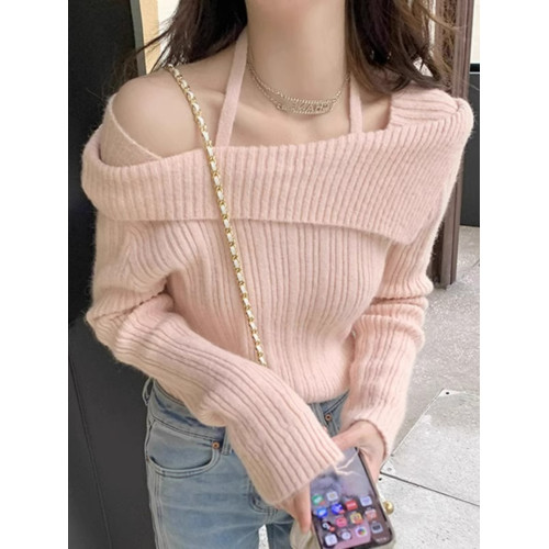 粉色一字領露肩毛衣女秋季新款高級感溫柔風漏鎖骨掛脖針織衫上衣