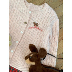 甜美少女可愛學院風薄款毛衣外套粉色麻花針織開衫女早春秋季上衣