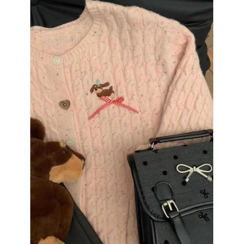 甜美少女可愛學院風薄款毛衣外套粉色麻花針織開衫女早春秋季上衣