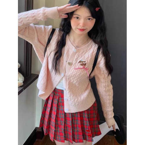 甜美少女可愛學院風薄款毛衣外套粉色麻花針織開衫女早春秋季上衣