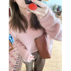 溫柔氛圍感粉色馬海毛針織衫女秋冬嬭fufu慵嬾風寬鬆毛衣短款上衣