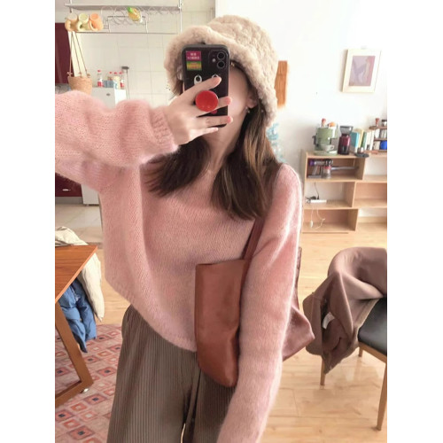 溫柔氛圍感粉色馬海毛針織衫女秋冬嬭fufu慵嬾風寬鬆毛衣短款上衣