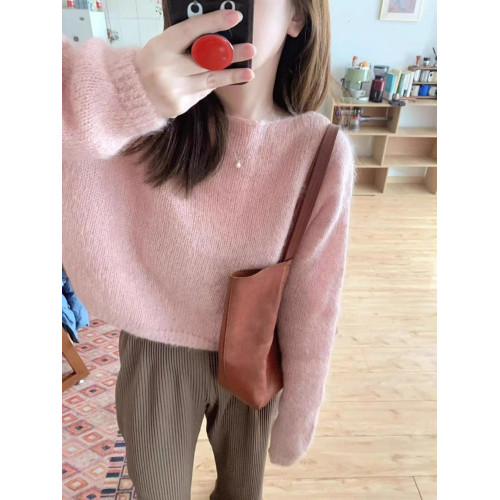 溫柔氛圍感粉色馬海毛針織衫女秋冬嬭fufu慵嬾風寬鬆毛衣短款上衣