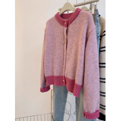 小香風粉色短款毛衣外套女秋冬春裝加厚慵嬾風小個子針織開衫上衣