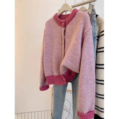 小香風粉色短款毛衣外套女秋冬春裝加厚慵嬾風小個子針織開衫上衣