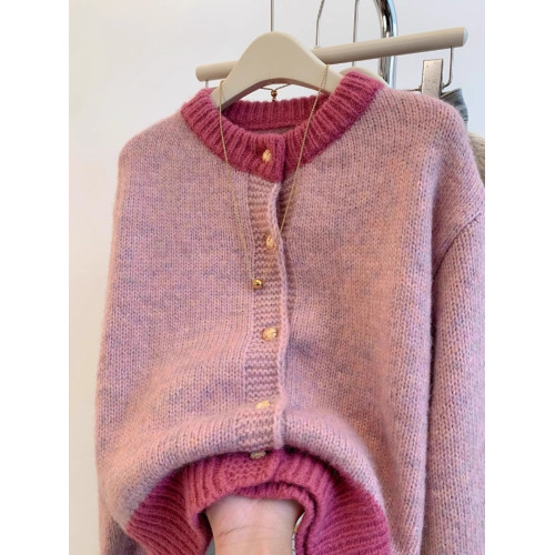 小香風粉色短款毛衣外套女秋冬春裝加厚慵嬾風小個子針織開衫上衣