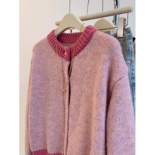 小香風粉色短款毛衣外套女秋冬春裝加厚慵嬾風小個子針織開衫上衣