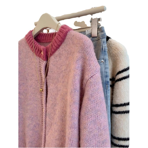 小香風粉色短款毛衣外套女秋冬春裝加厚慵嬾風小個子針織開衫上衣