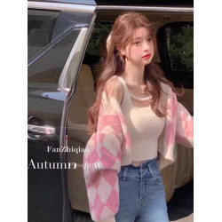 粉色菱格毛衣外套女秋冬復古設計感小衆短款針織開衫上衣吊帶套裝