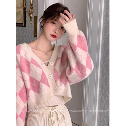 粉色菱格毛衣外套女秋冬復古設計感小衆短款針織開衫上衣吊帶套裝