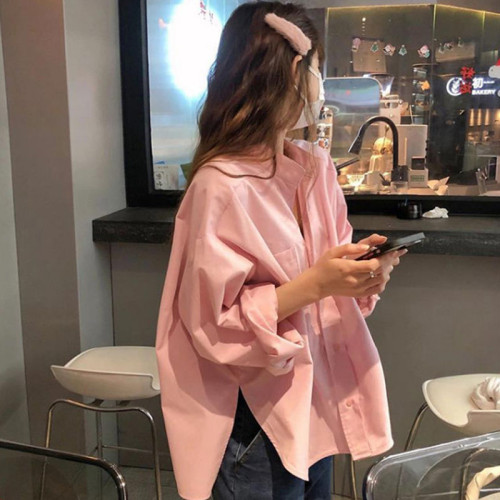 粉色襯衫女法式chic設計感小衆休閒百搭春季減齡別致長袖寬鬆上衣