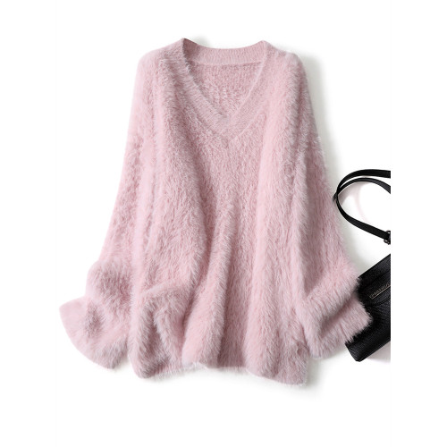 溫柔風粉色仿水貂絨v領毛衣女冬季加厚慵懶軟糯針織衫奶fufu上衣