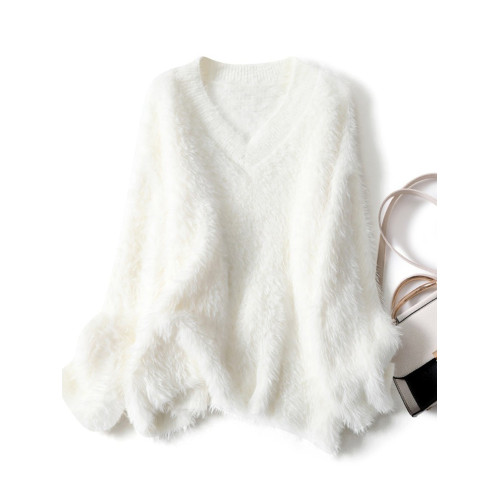 溫柔風粉色仿水貂絨v領毛衣女冬季加厚慵懶軟糯針織衫奶fufu上衣