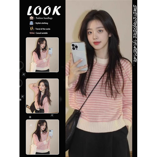 粉色多巴胺減齡毛衣女2024秋季慵嬾風時尚氣質上衣寬鬆顯瘦針織衫