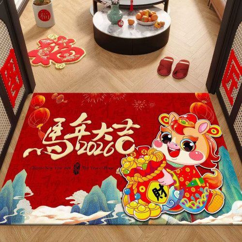 馬年紅色地墊2026年春節年貨裝飾喜慶玄關防滑耐髒水晶絨入戶門墊
