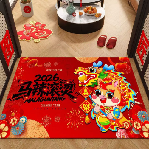 馬年紅色地墊2026年春節年貨裝飾喜慶玄關防滑耐髒水晶絨入戶門墊