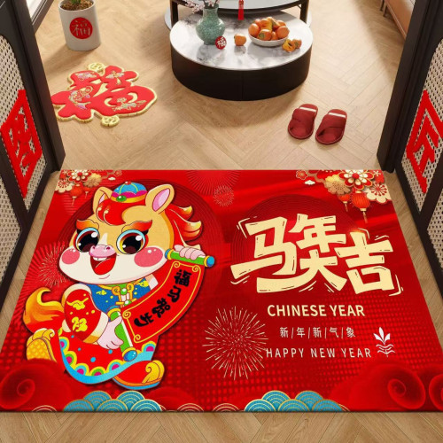 馬年紅色地墊2026年春節年貨裝飾喜慶玄關防滑耐髒水晶絨入戶門墊