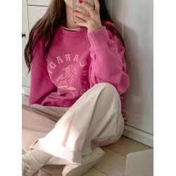 顯白玫粉色卡通印花衛衣女慵嬾風百搭簡約寬鬆韓系減齡ins上衣秋