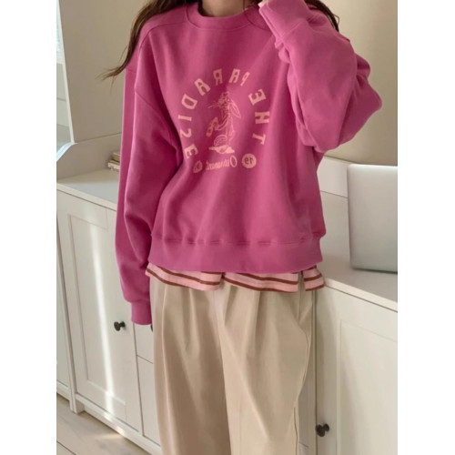 顯白玫粉色卡通印花衛衣女慵嬾風百搭簡約寬鬆韓系減齡ins上衣秋